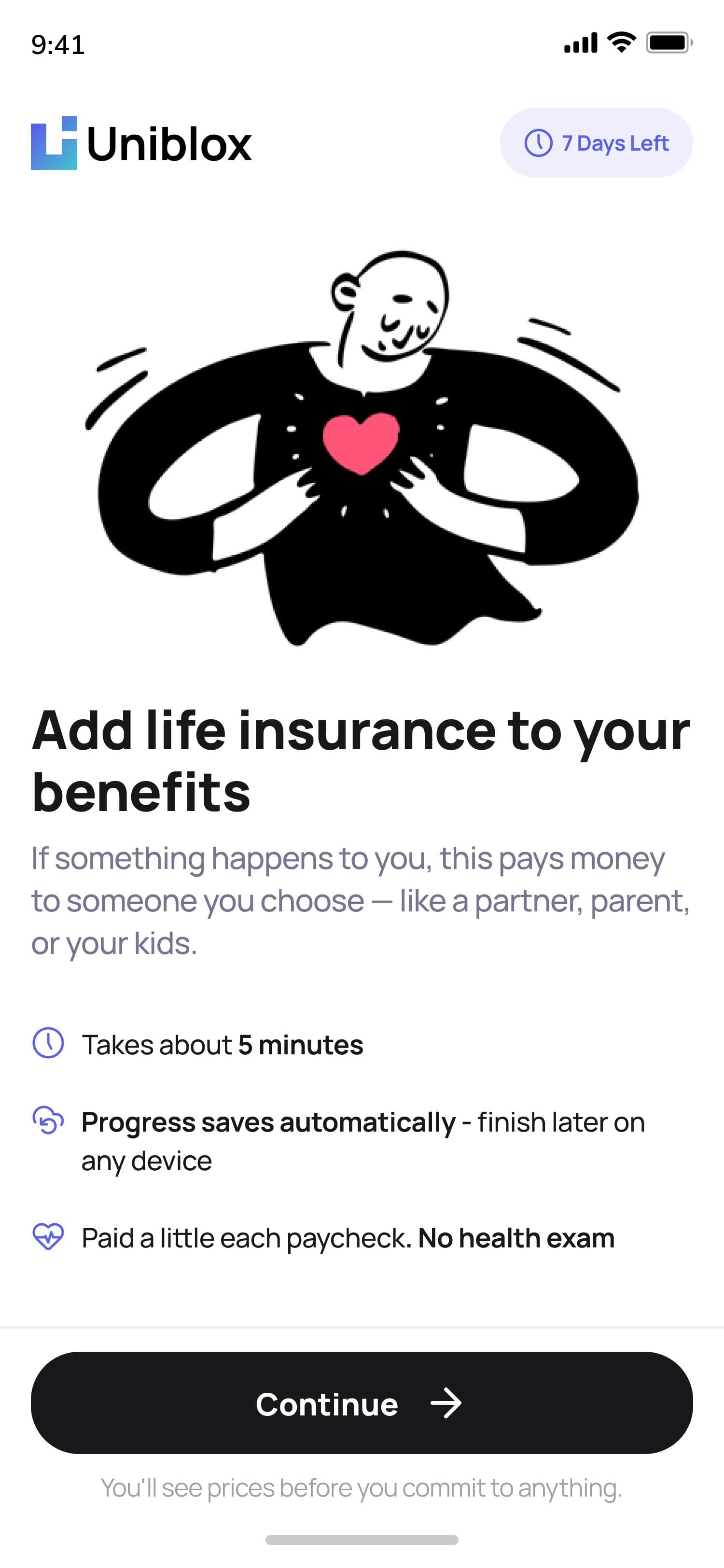 Uniblox landing screen: Add life insurance to your benefits, with time, autosave, and no-exam reassurances before the form starts
